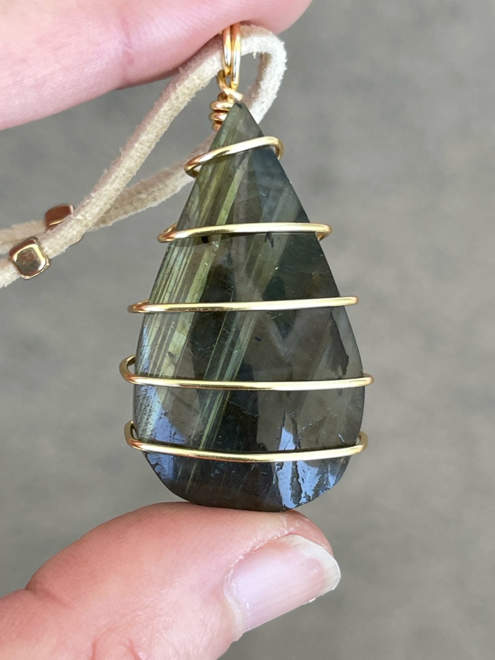 Teardrop Labradorite Necklace with Green Flash Gold Wrapped on White Suede Cord